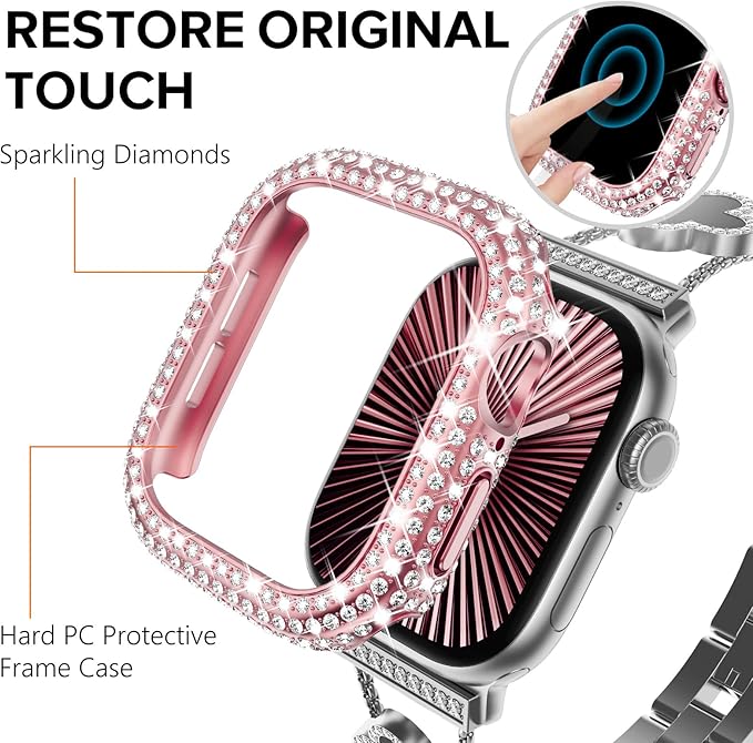 KADES Bling Case Compatible for Apple Watch Series 9/8/7 41mm, Sparkly Full Diamond Protective PC Bumper Cover, Rhinestone Frame for Women, 41mm-Pink - Image 7