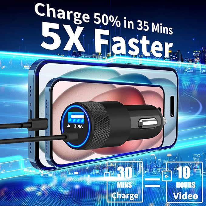 【Apple MFi Certified】iPhone 17 Car Charger, Caiinei 4.8A USB Car Power Cigarette Lighter Adapter USB-C Carplay Fast Charger + 6FT Type-C Cord for iPhone 17/17 Air/17 Pro Max/16/15/Galaxy S25/S24/Pixel - Image 2