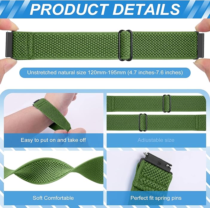 Compatible with 16mm 18mm 19mm 20mm 22mm 24mm Watch Bands Quick Release Replacement Wristband,Adjustable Stretchy Nylon Solo Loop Straps Fabric Braided Sport Elastic Bands for Men Women - Image 2