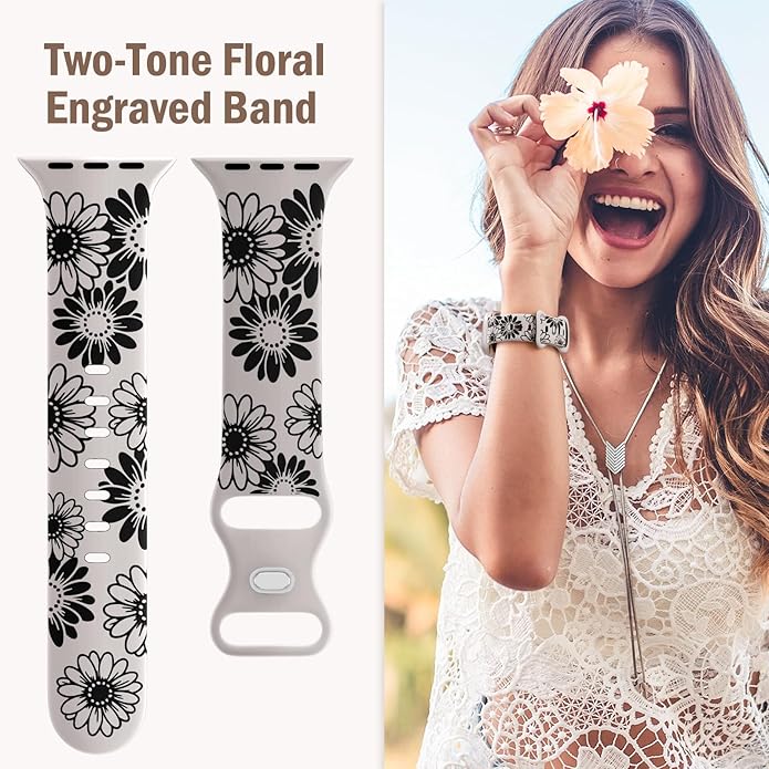 DaQin Floral Engraved Band Compatible with Apple Watch Bands for Women 40mm 41mm 42mm 44mm 45mm 46mm 38mm, Cute Two-Tone Flower Soft Silicone Sport Strap for iWatch Series 11 10 9 8 7 6 5 4 3 2 1 SE - Image 4