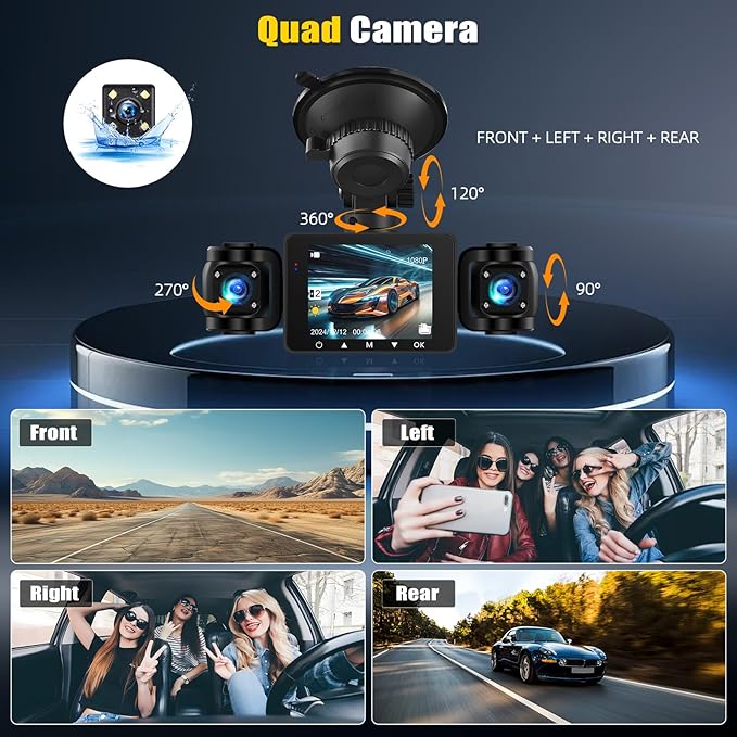 4 Channel Dash Cam Front and Rear Inside Left Right,2.4 Inch 1080P Dash Camera for Cars Car Camera with IR Night Vision,Loop Recording,G-Sensor,Parking Assistance,24H Parking Monitor - Image 2