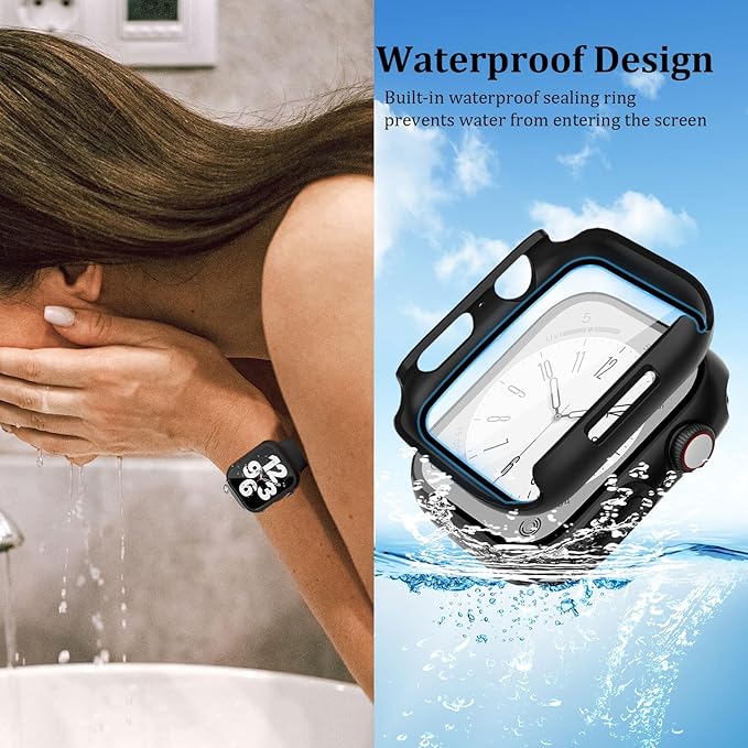 QCKANLJ 2 Pack Waterproof Case for Apple Watch Series 9 8 7 45mm with Tempered Glass Screen Protector, iWatch Full Protective Hard PC Bumper Case Face Cover for Men Women 45mm - Image 2