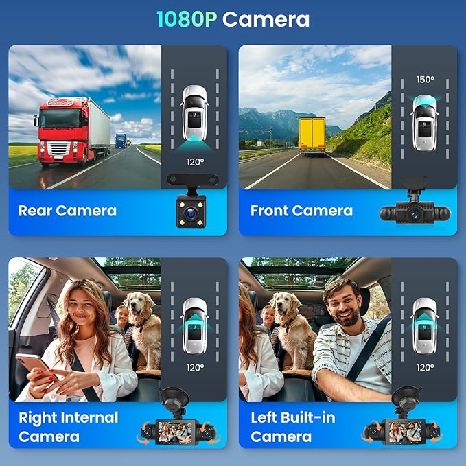 4 Channel Dash Cam Front and Rear Inside, 3 inch 1080P Dashcam with 64GB Card, 360° Dashcam for Car with Parking Monitor, Night Vision, G-Sensor, Loop Recording, Wide Angle - Image 4