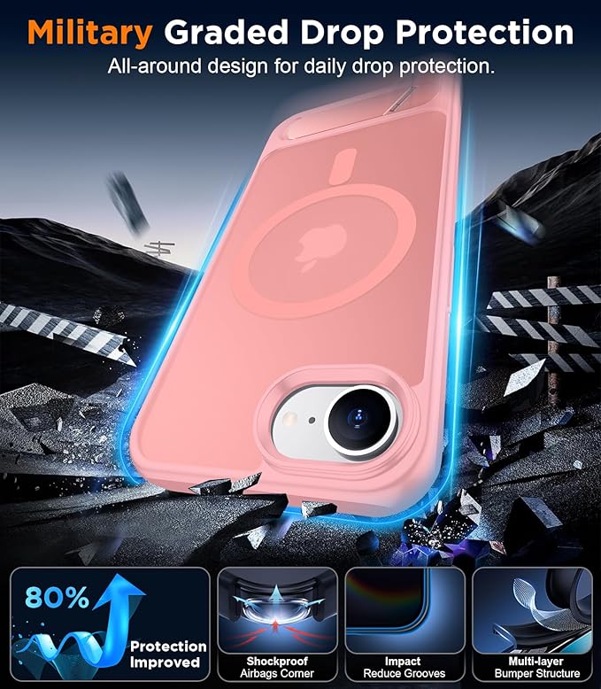 Temdan Magnetic Compatible with iPhone 16E Case, [Built-in Invisible Kickstand][Compatible with MagSafe][Military Grade Shockproof] Slim Translucent Matte Case for iPhone 16E 6.1" 2025 - Image 4
