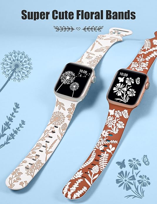 Wearlizer 2 Packs Floral Engraved Compatible with Apple Watch Bands 38/40/41/42/44/45/46/49mm Women, Cute Two-Tone Soft Silicone Strap for iWatch Series 11 10 9 8 7 6 5 4 3 SE/Ultra 3 2 1 - Image 3