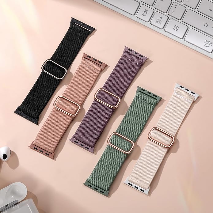 Easuny 5 Pack Stretchy Bands Compatible with Apple Watch 38mm 40mm 41mm 42mm 44mm 45mm 46mm Women, Elastic Fabric Nylon Strap Wristband for iWatch SE 3 2 1 Series 11 10 9 8 7 6 5 4 3 Boho Solo Loop - Image 4
