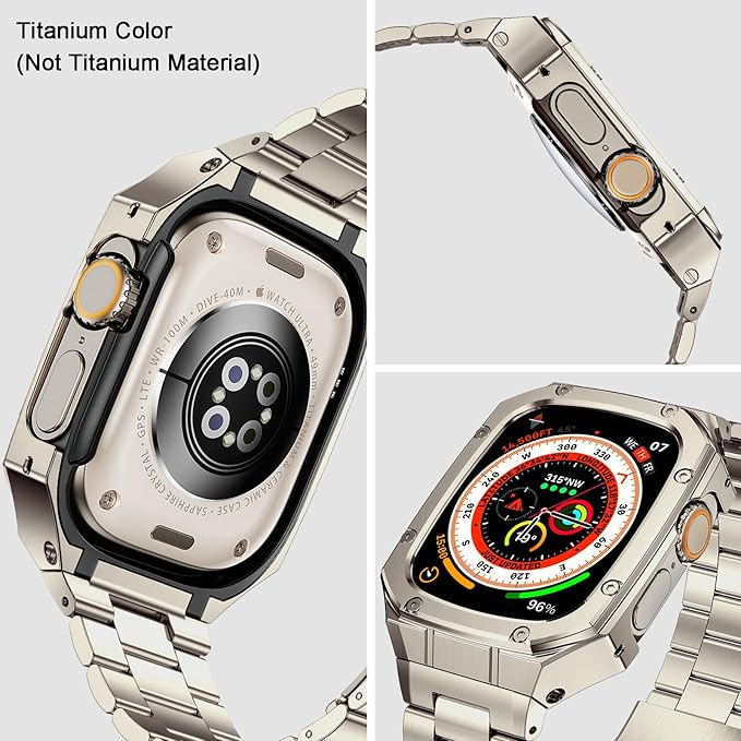 BAITEYOU Stainless Steel Watch Band with Case Compatible with Apple Watch band Ultra 3 2 1 49mm, Rugged Strap with Metal Protective Bumper Cover for iWatch Bands Men (Titanium Color) - Image 2