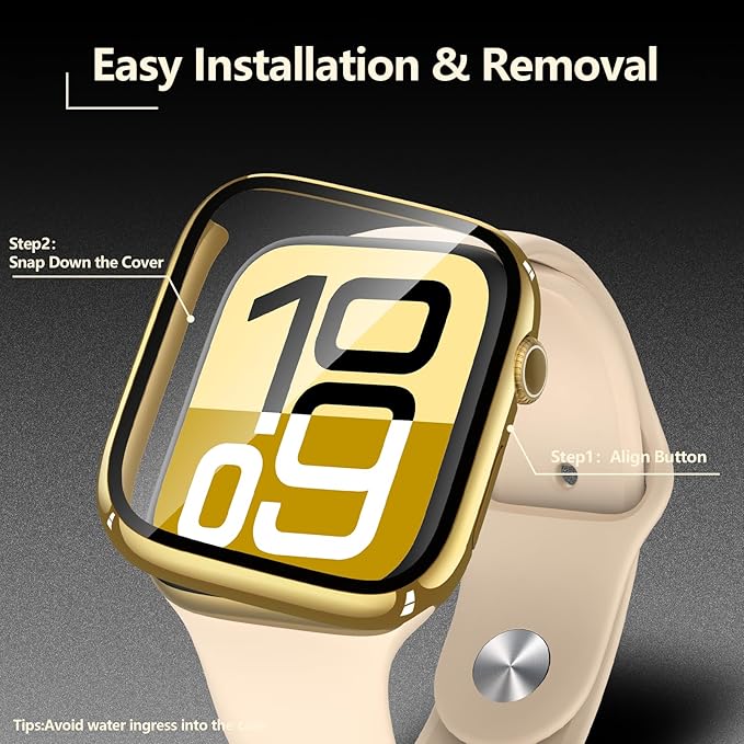 [2-Pack] Julk 46mm Gold Case with Tempered Glass Screen Protector for Apple Watch 11 (2025), Full Coverage Hard PC Protective Cover for iWatch Series 11/10 46mm (1 Gold + 1 Transparent) - Image 4