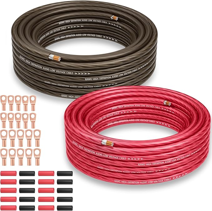 8 Gauge Wire Kit (10FT Each, Red/Black), Primary Automotive Wire, Battery Cable, Amp Wiring Kit, Car Audio Amplifier Power & Ground Cable, Car Fuse, 8AWG CCA, with 20 Heat Shrink Wrap, 20 Lugs by Mygatti