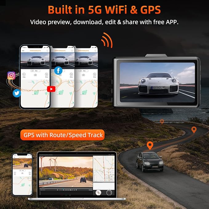 SPADE Dash Cam Front and Rear, 4K+1080P WiFi GPS Dash Camera for Cars with 64G SD Card, Voice Control Wide Angle Dashcam Front and Rear Camera 24H Parking Mode, WDR Night Vision, G-Sensor - Image 3