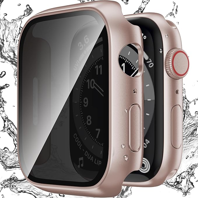 Waterproof Privacy Case Compatible with Apple Watch Series 9/8/7 45mm with Anti-peep Screen Protector, iWatch Face Cover Protective Bumper for iWatch Case 45mm Rose Gold by Zumyzu