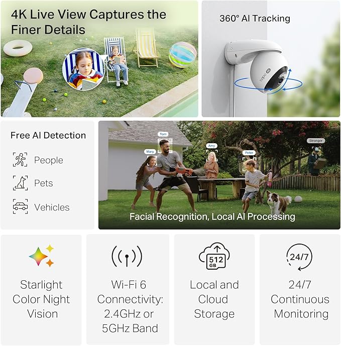 Tapo 4K 8MP Wired Pan/Tilt Outdoor Security Camera, Free Person/Vehicle Detect & 360° View, Color Night, Local AI, SD/Cloud Storage, Works w/Alexa & Google Assistant, 2.4 GHz WiFi C560WS - Image 2