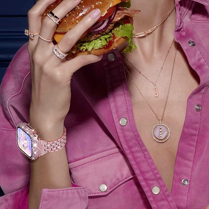 KADES Compatible with Apple Watch Series 9 8 7 with Built-in Tempered Glass Screen Protector Bling Crystal Diamond Rhinestone Full Protective Bumper Cover for Women (41mm,Pink) - Image 8