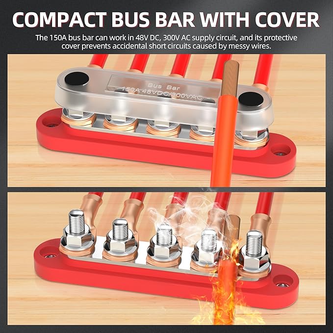DaierTek Power Distribution Block with Cover Mini 5 x 1/4" Studs Bus Bar Terminal Block Max 150A 48V DC 300V AC Positive & Negative for Automotive Car Marine - Image 5