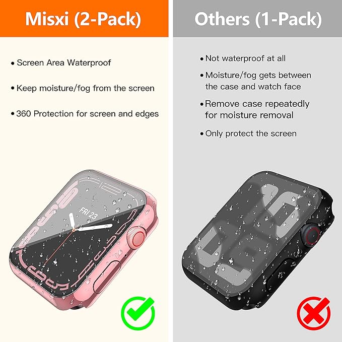 Misxi [2 Pack Waterproof Case with Button for Apple Watch Series 9 (2023) Series 8 Series 7 41mm, Hard PC Cover with Tempered Glass Screen Protector for iWatch, 1 Rose Pink + 1 Transparent - Image 3