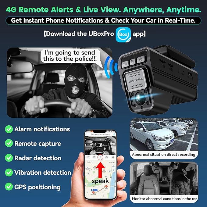 4G LTE Car Security Camera with Remote Live View - Dual 2K Front and Inside Dash Cam, Anti-Theft Cloud Storage, AI Motion Alert, Real-Time GPS Tracking, 2-Way Audio, No WiFi Needed - Image 5