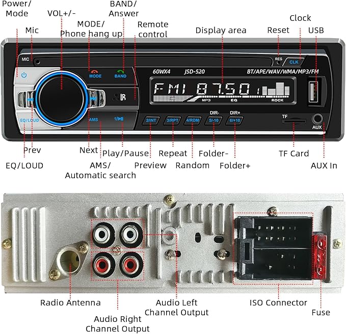JSD-520 Car Stereo Audio Single Din Bluetooth Handsfree FM Radio Receiver USB Charging/MP3/AUX/TF, No CD Player - Image 6