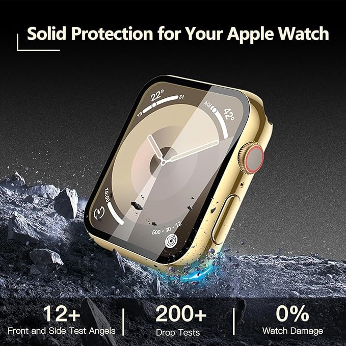 [2-Pack] Julk Gold Case with Screen Protector for Apple Watch 9/8/7 45mm, 9H Tempered Glass with Ultra Thin Hard Protective Cover for iWatch [1 Gold + 1 Transparent] - Image 2