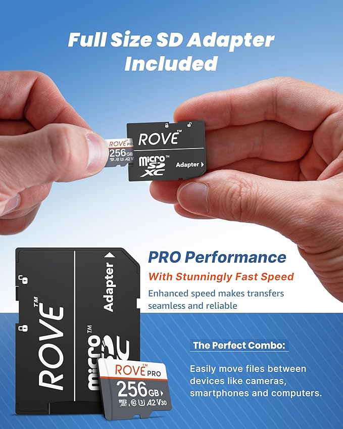 ROVE PRO Micro SD Card microSDXC 256GB Memory Card with Full-Size SD Adapter 100MB/s Read Speed, C10, U3, V30, 4K, A2 for Dash Cam, Android Smart Phones, Tablets, Games - Image 3