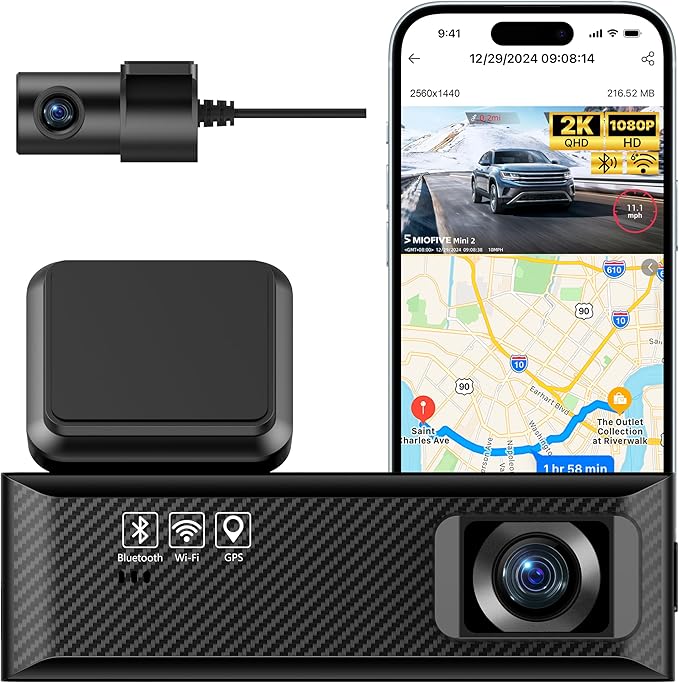 Miofive Dash Cam Mini 2, 2K+1080P FHD, Built-in Wi-Fi GPS Smart Dash Camera for Cars, 125° Wide-Angle FOV, HDR, Night Vision, G-Sensor, iOS/Android App, Loop Recording, Parking Monitor, Time-Lapse by Miofive