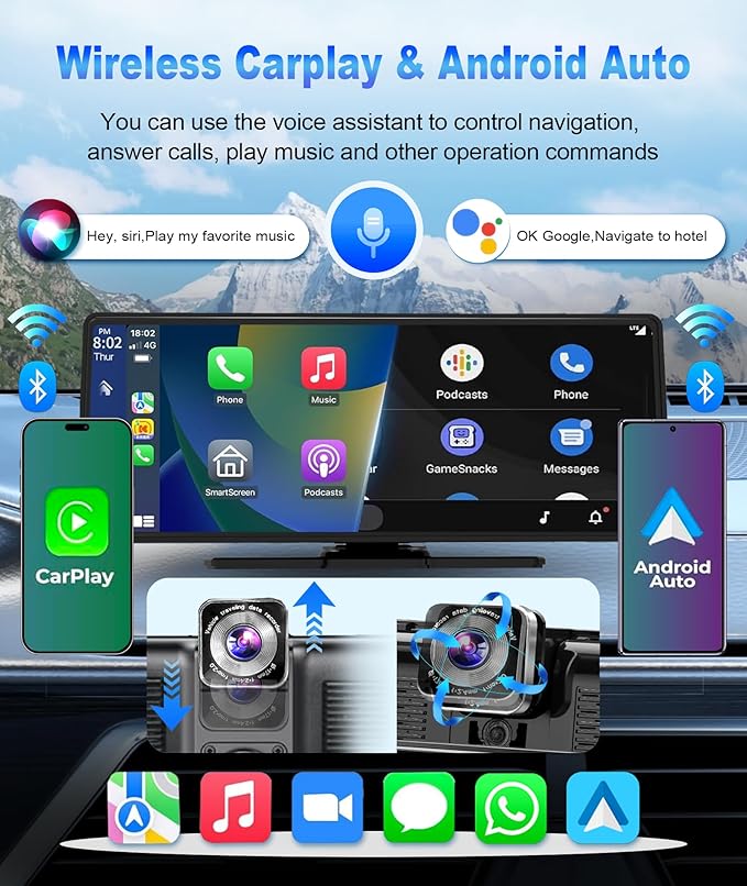 10.26” Carplay Screen for Car, HD IPS Wireless Portable Touch Screen with 64GB TF Card – Supports Apple Carplay & Android Auto, Mirror Link/4K Dash Cam/1080P Rear Camera/BT/FM/Voice Control - Image 2