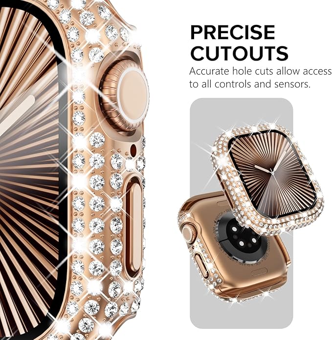 KADES Compatible with Apple Watch Series 3 2 1 with Built-in Tempered Glass Screen Protector Bling Crystal Diamond Rhinestone Full Protective Bumper Cover for Women (42mm,Rose Gold) - Image 3