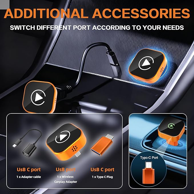 2026 Wireless CarPlay Adapter for iPhone,2 in 1 for Apple Carplay and Android Auto Adapter,Mini carplay Wireless Adapter Convert Wired to Wireless, Plug & Play, USB to USB-C/Type-C (Orange) - Image 9