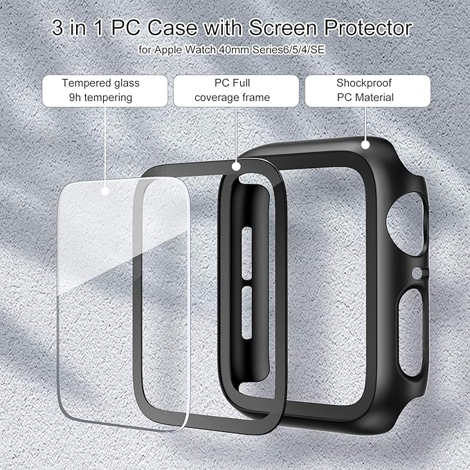 EDIMENS 2 Pack Hard PC Case Compatible with Apple Watch Series 6 / SE / 5/4 44mm Women Men, Overall PC Case Slim Tempered Glass Screen Protector Protective Cover for Apple iWatch 44mm SE Black - Image 4