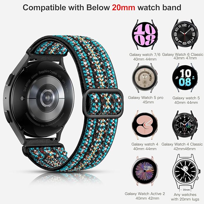 Lerobo Elastic Bands Compatible with Samsung Galaxy Watch 8 7 6 5 4 40mm 44mm/Galaxy Watch 8 Classic 6 4 Classic 43mm 47mm 42mm 46mm/5 Pro Band 45mm/Active 2,3 Pack 20mm Adjustable Nylon Sport Band - Image 4