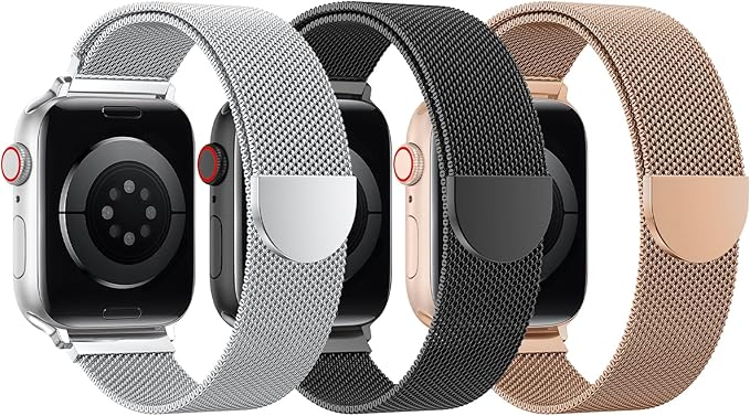 BELONGME 3 Pack Mesh Loop Compatible with Apple Watch Bands for Women Men 40mm 41mm 38mm 42mm 44mm 45mm 49mm 46mm Series 11 10 9 8 7 6 5 4 Ultra3 SE3 2, Stainless Steel Metal Magnetic Strap for iWatch by BELONGME