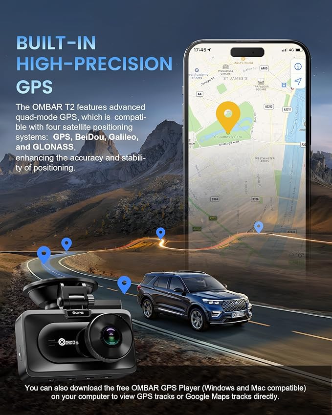 OMBAR Dash Cam Front and Rear, 4K/2.5K Ultra HD Dash Camera for Cars, Included 64GB Card, Built-in 5G Wi-Fi & GPS, 3.16” IPS Screen, Night Vision, 170°Wide Angle, HDR, 24H Parking Mode(T2) - Image 7
