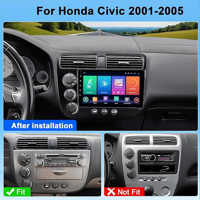 Car Radio Stereo for Honda Civic 2001-2005: Upgrade Android 15 64GB 9" 1280 * 720 Touchscreen Head Unit - Wireless CarPlay & Android Auto Bluetooth WiFi GPS MirrorLink FM 36EQ SWC 1080P Backup Camera - Image 2