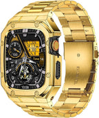 BAITEYOU Stainless Steel Watch Band with Case Compatible with Apple Watch Series 9 8 7 (45mm), Rugged Strap with Metal Protective Bumper Cover for iWatch Bands Men (Gold) by HighInnovativeBandAndCase