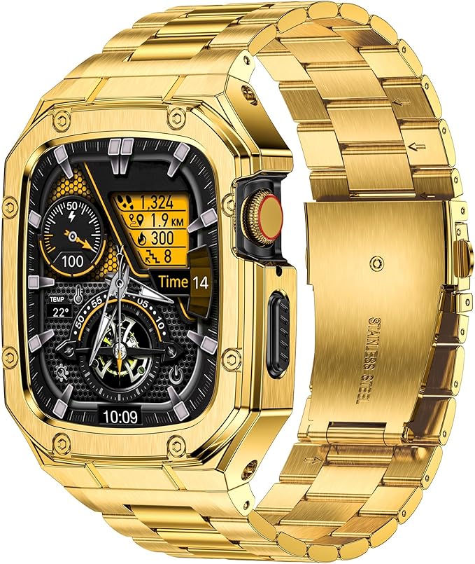 BAITEYOU Stainless Steel Watch Band with Case Compatible with Apple Watch Series 9 8 7 (45mm), Rugged Strap with Metal Protective Bumper Cover for iWatch Bands Men (Gold) by HighInnovativeBandAndCase