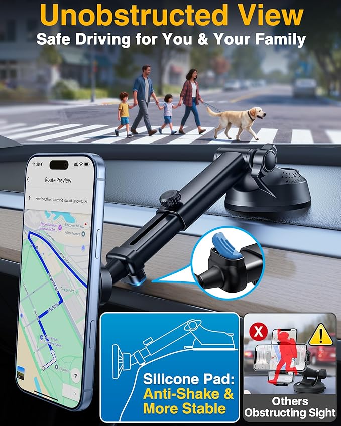 YRU [2026 Military-Grade] for Magsafe Car Mount [90+LBS Strong Suction] 360° Adjustable Magnetic Phone Holder for Car Dashboard Windshield Vent, Cradle for iPhone 17 16 15 14 13 12 Samsung, Black - Image 5