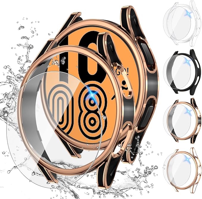Tensea [4+4Pack for Samsung Galaxy Watch FE 2024/5 2022/4 2021 Screen Protector Case 40mm Accessories, Hard PC Bumper/HD Anti-Fog Tempered Glass Protective Film, Face Cover Set by Tensea