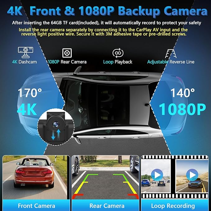 Portable Wireless Carplay Screen with Dashcam - Lehwey 10.26 Inch Car Play Tablet with 4K Front Dash Cam & 1080P Rearview Backup Camera, Bluetooth 5.0, FM, Voice Assistant, with 64GB TF Card - Image 3