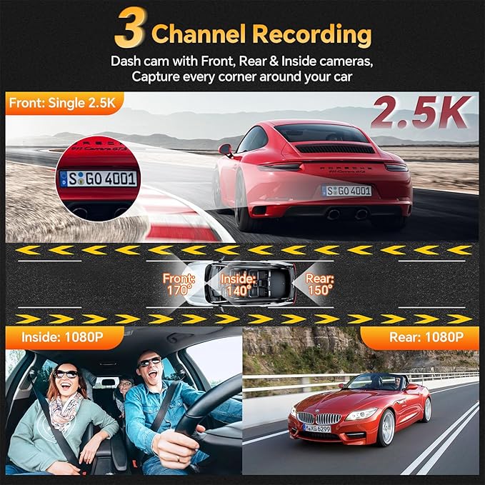 3 Channel 4K Dash Cam Front Rear and Inside with 5G WiFi & APP Control, 4K/2.5K+1080P+1080P Dashcam for Car, Dash Camera with 64GB Card, 24H Parking Monitor, Night Vision, Loop Recording, G-Sensor - Image 6