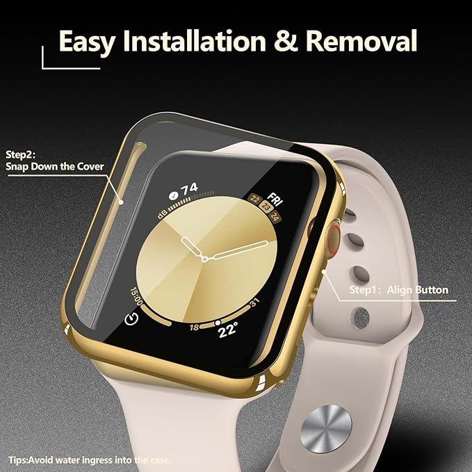 [2-Pack] Julk Gold Case with Screen Protector for Apple Watch New SE 3 (2025) /6/5/4/SE 44mm, 9H Tempered Glass with Ultra-Thin Hard Protective Cover for iWatch [1 Gold + 1 Transparent] - Image 4