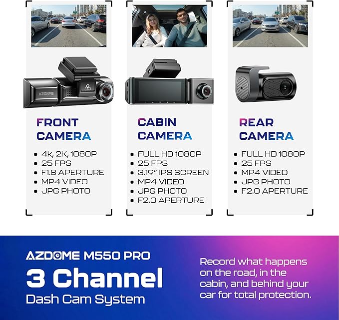 AZDOME M550 Pro 3CH Dash Cam 4K - 5G WiFi, 3.19" Screen IR Night Vision - 24H Parking Mode - 3-Channel Dash Cam - Wide-Angle Coverage - Collision Detection - Built-in GPS - Adjustable Camera Lens - Image 2