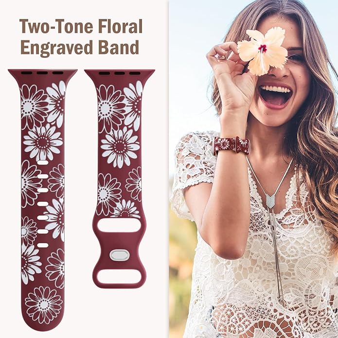DaQin Floral Engraved Band Compatible with Apple Watch Bands for Women 40mm 41mm 42mm 44mm 45mm 46mm 38mm, Cute Two-Tone Flower Soft Silicone Sport Strap for iWatch Series 11 10 9 8 7 6 5 4 3 2 1 SE - Image 2