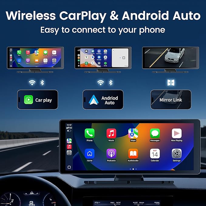 10.26" Carplay Screen for Car,4K Dash Cam,Portable Tablet for Apple Android Auto,Voice Touch Control GPS Navigation,Stereo Audio Radio,Rear Backup Camera,Bluetooth,Wireless Mirror for Truck - Image 2