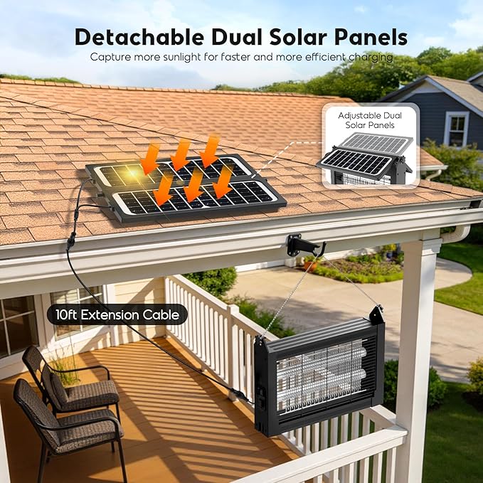 Solar Bug Zapper Outdoor, 4500V Electric Mosquito Zapper with Dual Solar Panels & USB Charging, Auto On/Off Mosquito Killer, IPX5 Waterproof Fly Trap for Backyard Patio Garden Camping, 2100 Sq Ft - Image 4