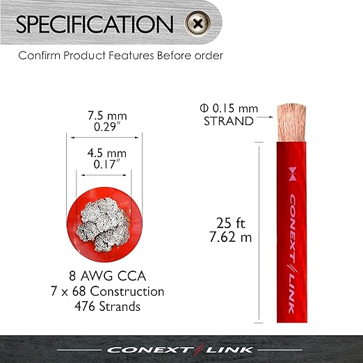 Conext Link 25 ft Red 8 Gauge Amplifier Power Ground Wire 25 Feet 8 GA AWG Amp Cable Roll （10861） - Image 3