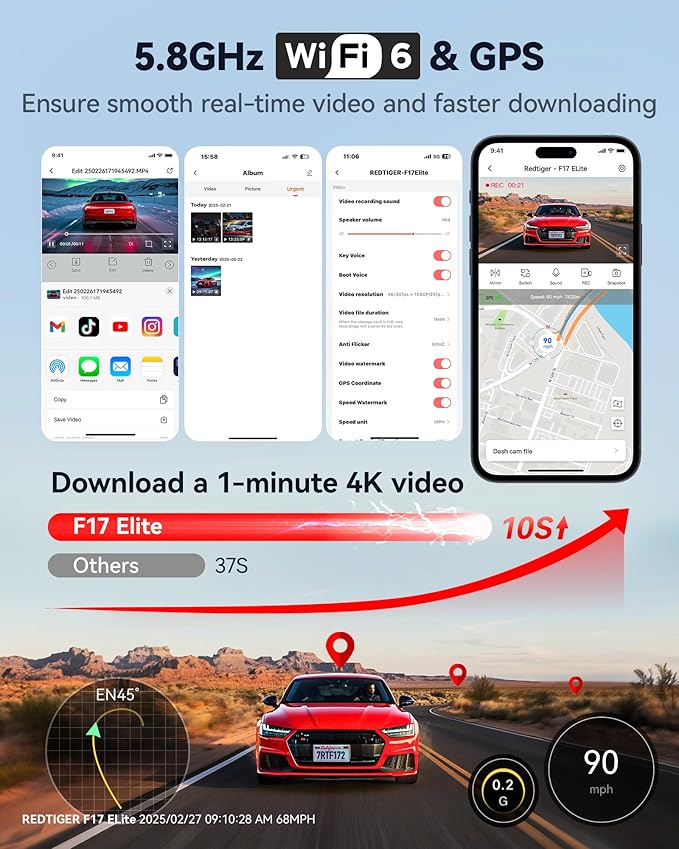 REDTIGER F17 Elite & USB C to USB C Power Cord, 4K Dash Cam 3 Channel, STARVIS 2 IMX678 & IMX675, Front and Rear Inside Car Camera for Cars, 128GB Card, Full Color Night Vision, 5.8GHz WiFi GPS, HDR - Image 7