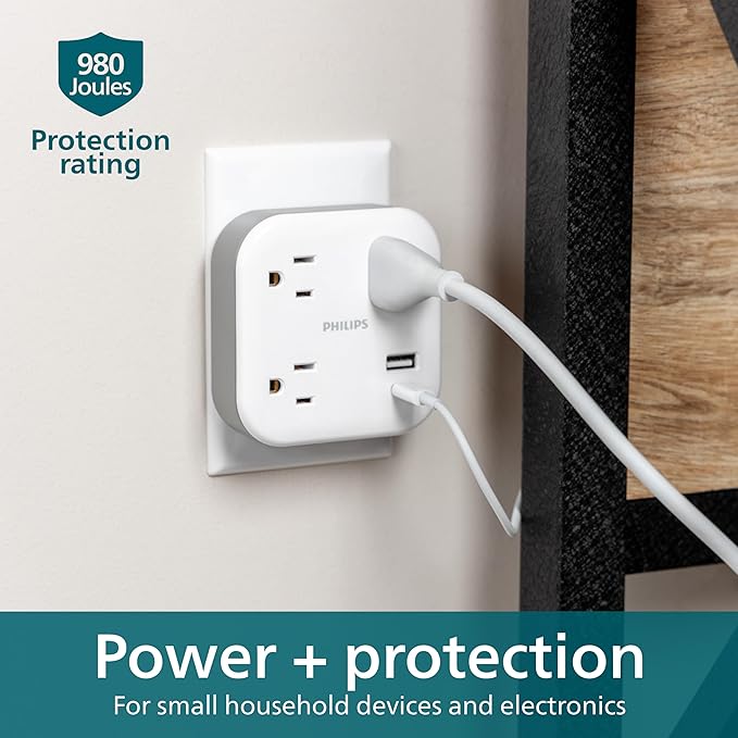 Philips EZFit 3-Outlet Surge Outlet Extender with USB, 1 USB-A, 1 USB-C, Adapter Spaced, Charging Station, 12W, 980 Joules, White - SPP9393W/37 - Image 5