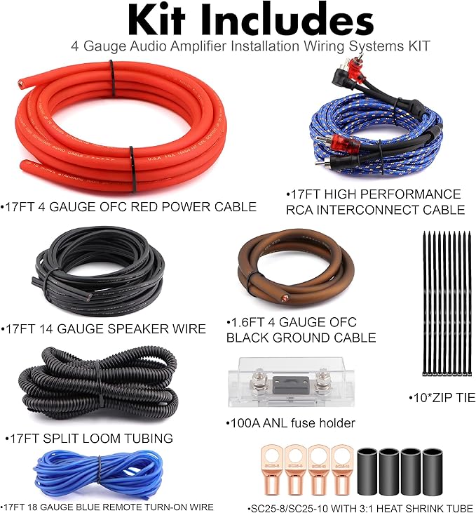 4 Gauge OFC Car Amplifier Wiring Kit 3000W - Fits Most Standard Amp Terminals | Complete with All Cables for Power, Ground, RCA & Speakers | Ideal for Car Stereo & Sub Upgrades - Image 7