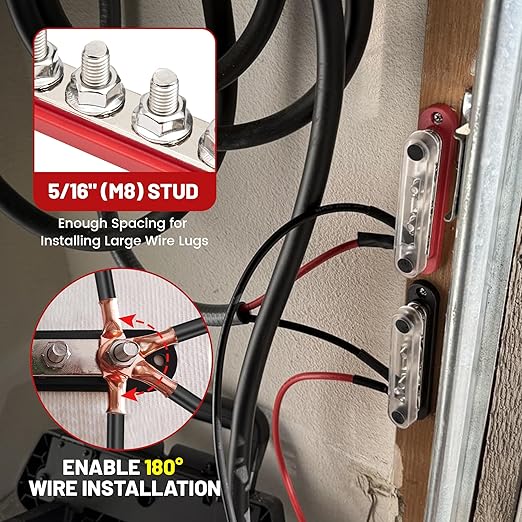 RED WOLF 12V 150A Power Distribution Block 4 Post 5/16" Stud Busbar M8 Terminal Bus Bar 12-48 Volt DC Battery Junction Post for Auto Boat Marine Solar System Positive Negative - Image 3