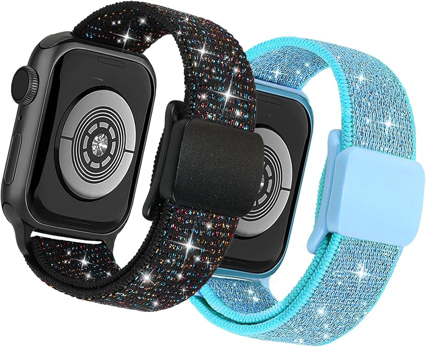 Stretchy Bands Compatible with Kids Apple Watch Band 38mm 40mm 41mm 42mm 44mm 45mm 46mm 49mm, Soft Elastic Glitter Strap for iWatch Series 10 9 8 7 6 5 4 3 SE SE2 SE3 Girls Boys by sylacor