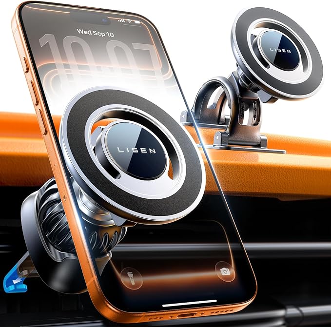 LISEN for MagSafe Car Mount [360° Rotation] Magnetic Phone Holder for Car Vent Phone Mount, Hands Free Phone Mount for Car Accessories fit iPhone Includes Vent/Dashboard Mount, Black Kits by Lisen